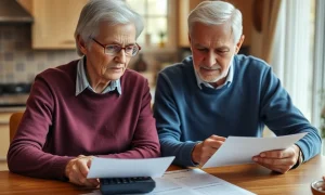 Elderly couple engaged in retirement planning with financial documents at kitchen table