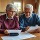 Elderly couple engaged in retirement planning with financial documents at kitchen table