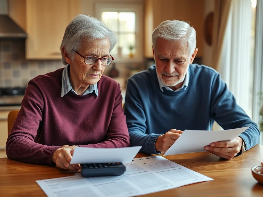 Elderly couple engaged in retirement planning with financial documents at kitchen table