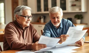 Senior couple engaged in retirement planning with financial documents at kitchen table