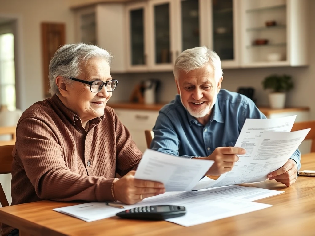 Senior couple engaged in retirement planning with financial documents at kitchen table