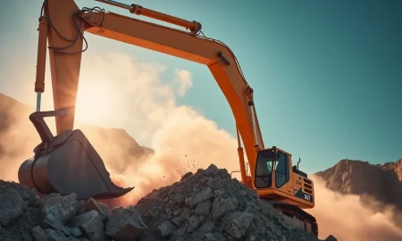 Excavator using rock cutting saw for precise construction trenching in solid bedrock