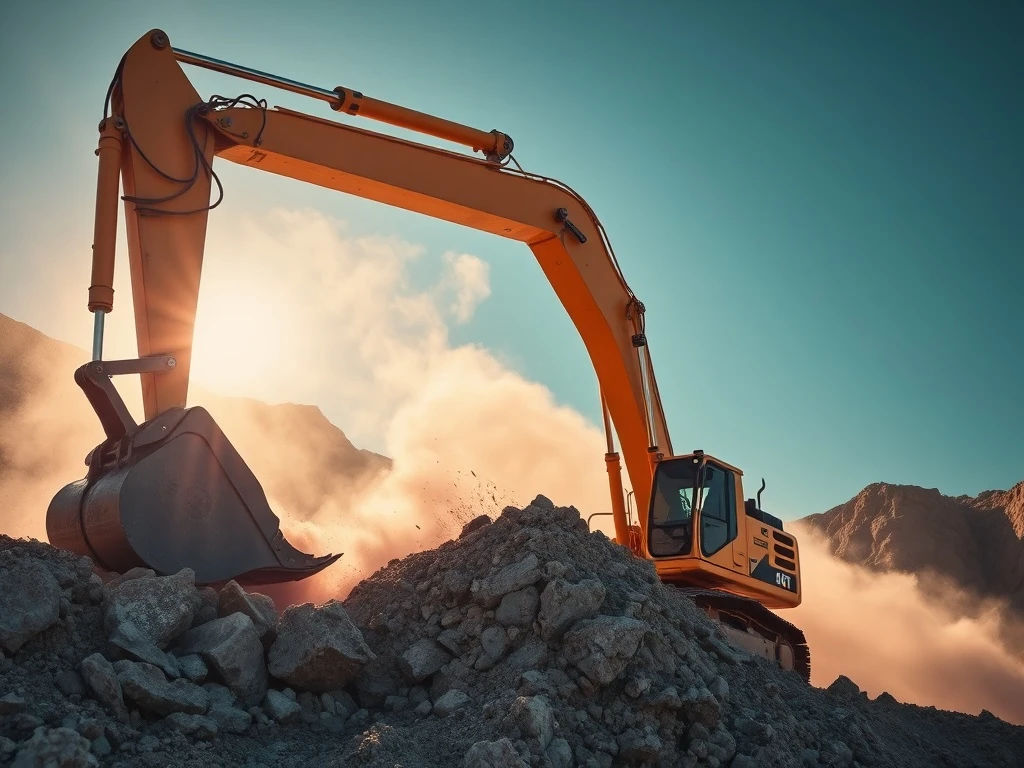 Excavator using rock cutting saw for precise construction trenching in solid bedrock