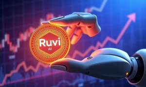 A powerful visual representing Ruvi AI's rapid growth and potential to eclipse Avalanche (AVAX) in the crypto market.