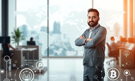An illustration of Sabeer Nelli's leadership vision, demonstrating a global tech company thriving through sustainable practices and customer focus.
