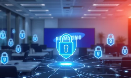 An abstract digital representation of enhanced Samsung data security, showing layers of protection safeguarding sensitive information within a corporate network.