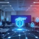 An abstract digital representation of enhanced Samsung data security, showing layers of protection safeguarding sensitive information within a corporate network.