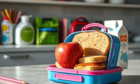 Rising school lunch costs affecting family budgets with peanut butter sandwich and back-to-school items