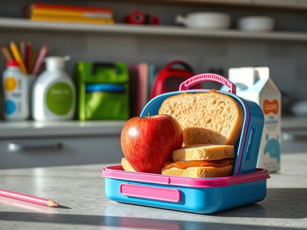 Rising school lunch costs affecting family budgets with peanut butter sandwich and back-to-school items