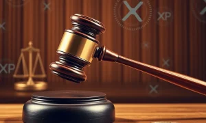A gavel striking a block, symbolizing the definitive end of the SEC Ripple case and its impact on crypto regulation.