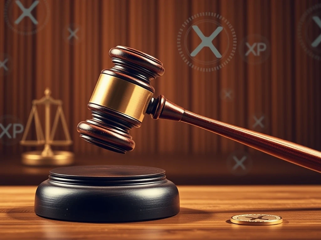 A gavel striking a block, symbolizing the definitive end of the SEC Ripple case and its impact on crypto regulation.