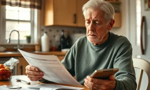Elderly person experiencing senior financial struggle while reviewing monthly bills and budget calculations