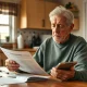 Elderly person experiencing senior financial struggle while reviewing monthly bills and budget calculations