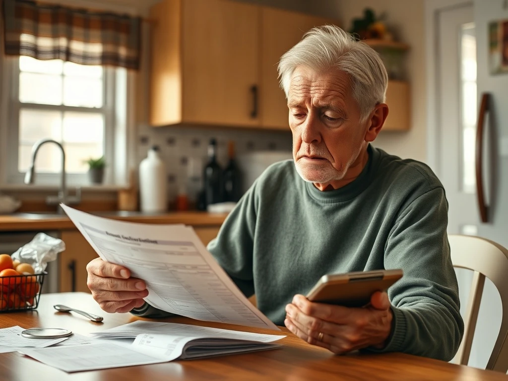 Elderly person experiencing senior financial struggle while reviewing monthly bills and budget calculations
