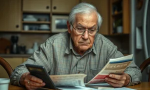 Senior experiencing financial struggles while reviewing monthly bills and budget calculations