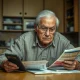 Senior experiencing financial struggles while reviewing monthly bills and budget calculations
