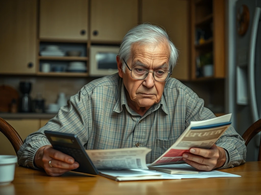 Senior experiencing financial struggles while reviewing monthly bills and budget calculations