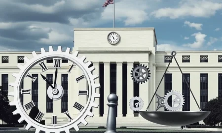Federal Reserve building with a clock and gears, symbolizing the uncertain path of a potential September rate cut and economic compromise.