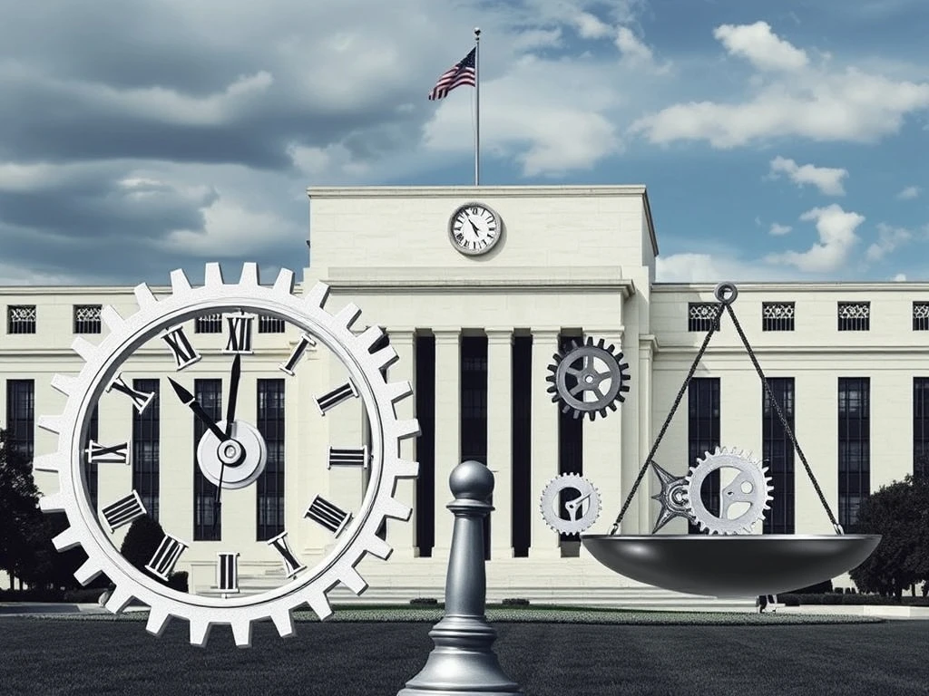 Federal Reserve building with a clock and gears, symbolizing the uncertain path of a potential September rate cut and economic compromise.