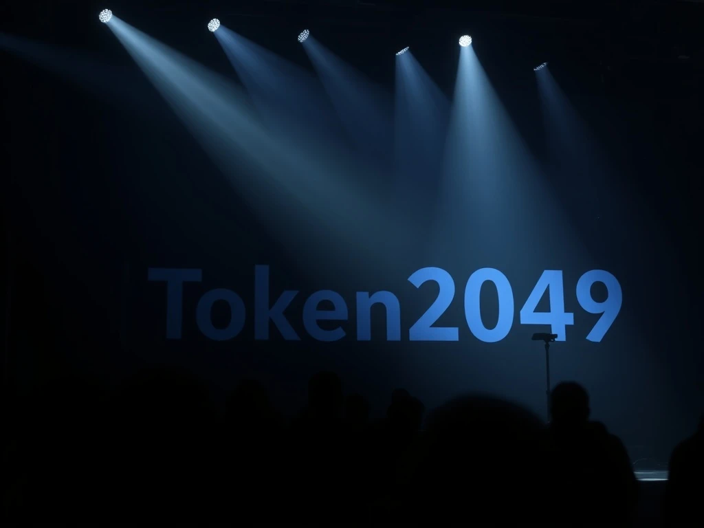 Visualizing the deceptive nature of shady crypto projects hidden behind glitzy conference sponsorships, highlighting investment risks.