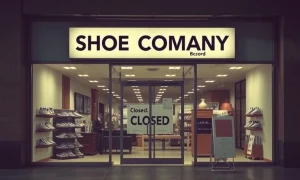 A solemn image of a closed shoe store, symbolizing the shoe company bankruptcy and the end of its operations.