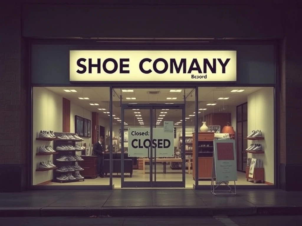 A solemn image of a closed shoe store, symbolizing the shoe company bankruptcy and the end of its operations.