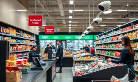 Innovative shoplifting prevention technology being implemented in a modern supermarket setting.