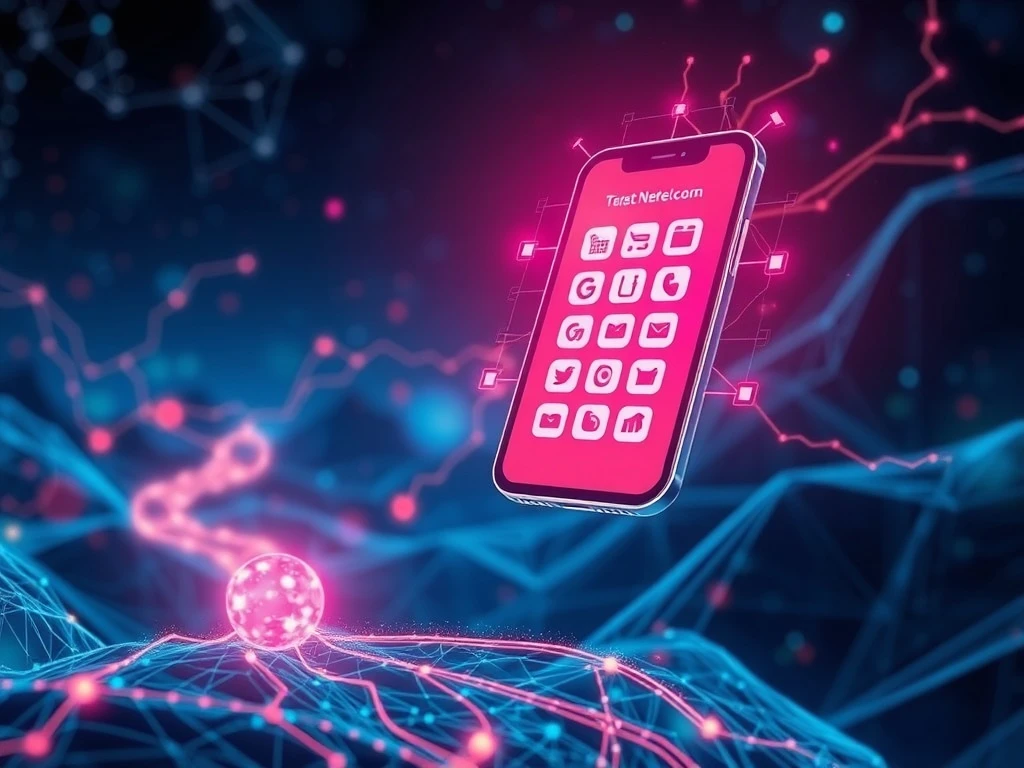 An abstract depiction of data streams and AI symbols converging on a smartphone screen displaying shopping apps, representing smarter user targeting.