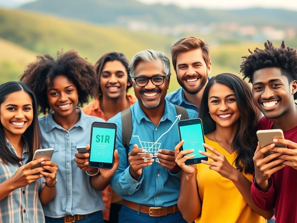 A person happily sharing their phone screen showing the Shoppy Shop Affiliate Program earnings, symbolizing easy online income.