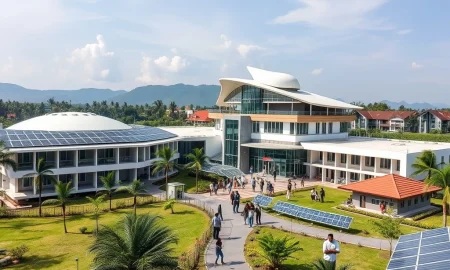Silicon-Jeri innovation hub in Kerala showing modern technology campus with diverse professionals collaborating