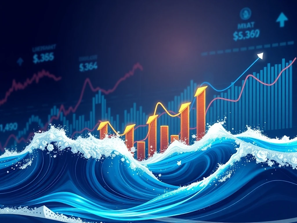 Small caps stocks rising like waves against market trends with financial graphs showing upward momentum