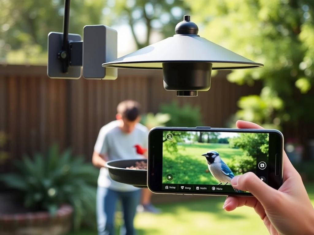 A modern smart bird feeder captures a vibrant bird, symbolizing the revolutionary way smart bird feeders enhance backyard birdwatching.