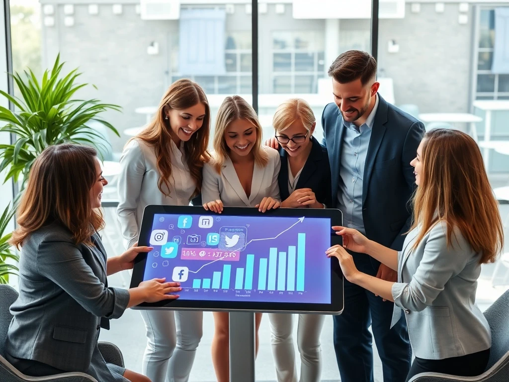 A diverse group of professionals using social media tools to achieve rapid business velocity and growth.