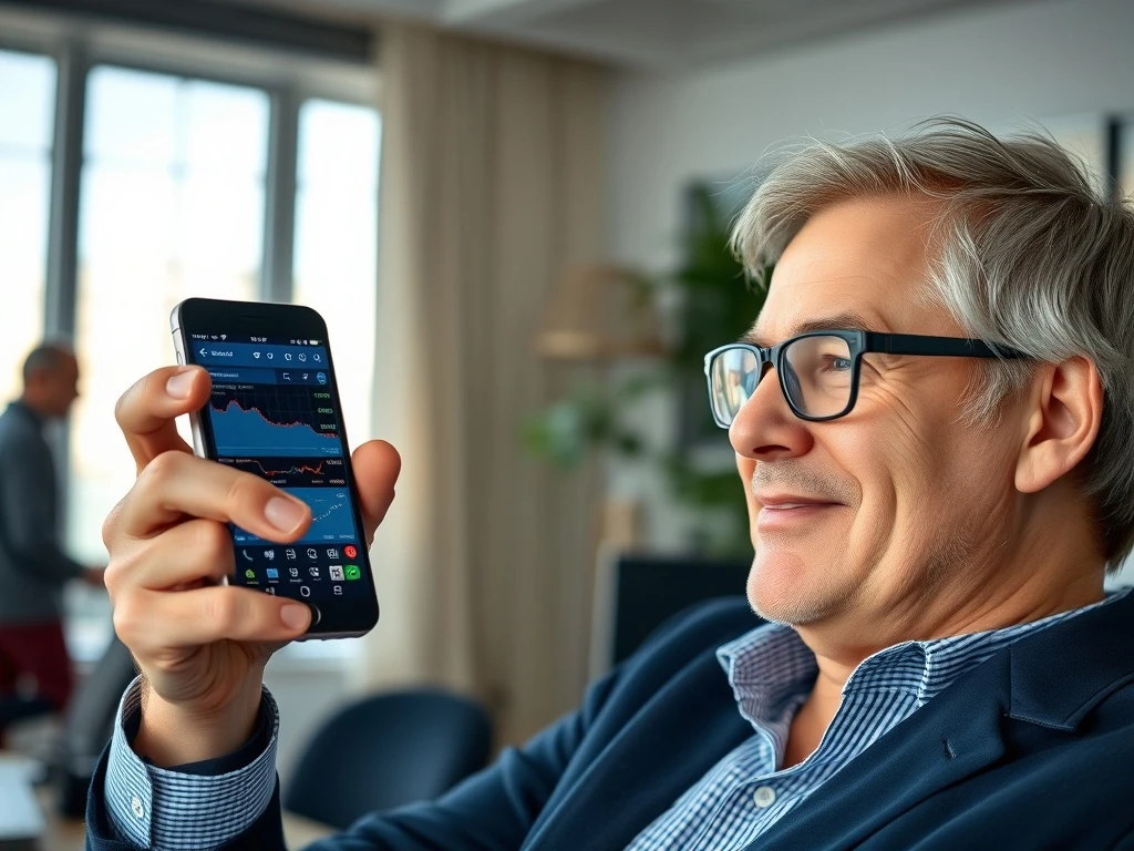 An investor confidently using a smartphone for social media investing, highlighting the aspirational yet risky nature of digital financial trends.