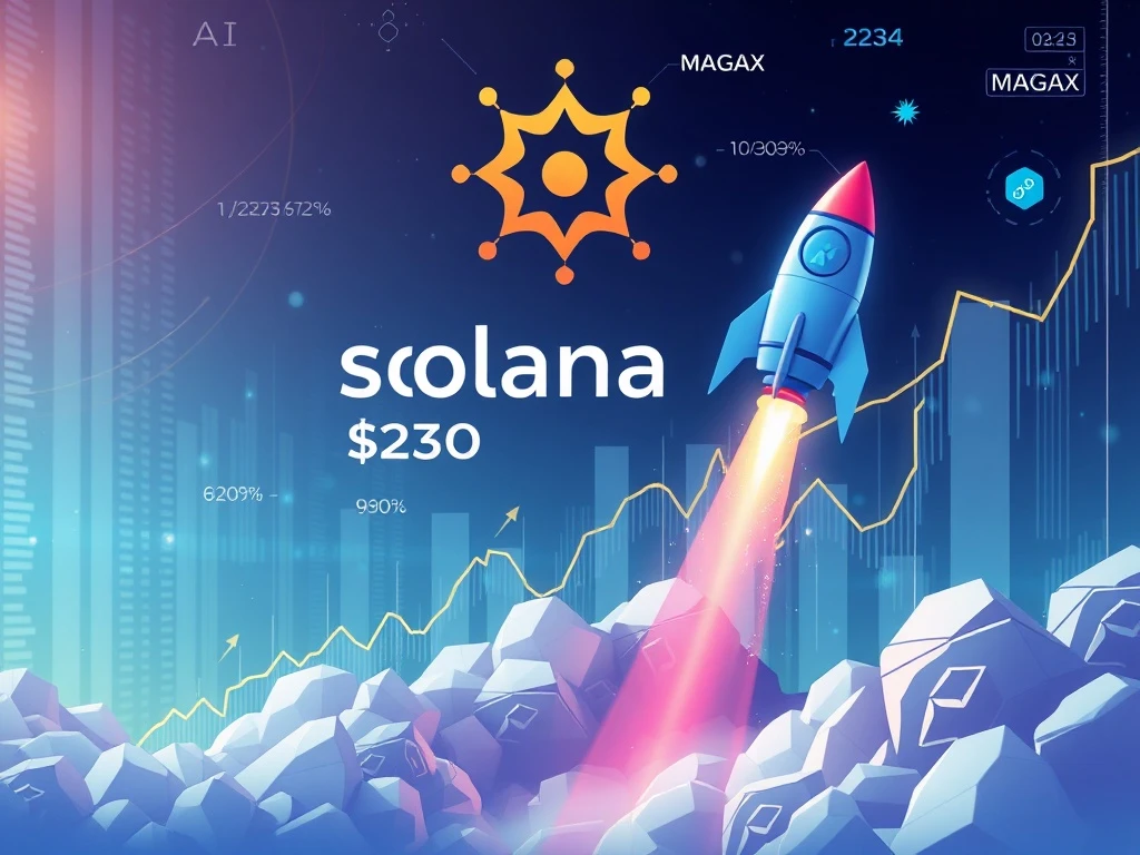Solana cryptocurrency surging toward $230 price target with MAGAX token growth indicators