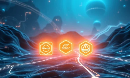 Three emerging crypto projects, Wormhole, Zebec Network, and Layer Brett, depicted as potential Solana Killer contenders on a high-speed blockchain network.