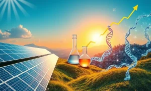 Visual representation of **solar biotech health stocks** surging, showing solar panels, scientific elements, and healthcare symbols pointing upwards, indicating market growth.