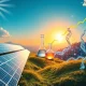 Visual representation of **solar biotech health stocks** surging, showing solar panels, scientific elements, and healthcare symbols pointing upwards, indicating market growth.