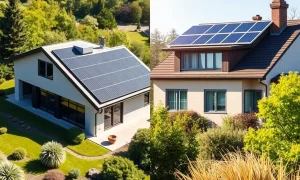 A side-by-side comparison of a home with integrated solar panels (Solar Roof) and a home with traditional mounted solar panels, highlighting the aesthetic differences.