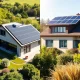 A side-by-side comparison of a home with integrated solar panels (Solar Roof) and a home with traditional mounted solar panels, highlighting the aesthetic differences.