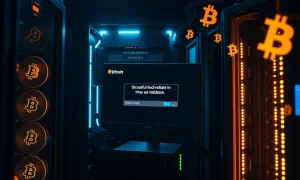 Solo Bitcoin miner celebrating successful block validation with mining equipment in background