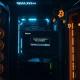 Solo Bitcoin miner celebrating successful block validation with mining equipment in background