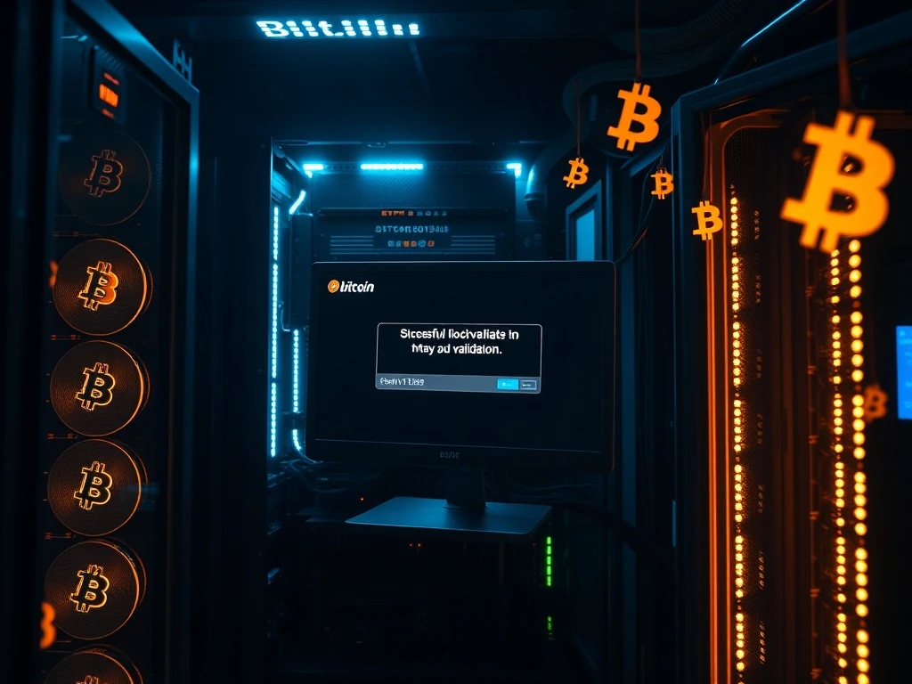 Solo Bitcoin miner celebrating successful block validation with mining equipment in background