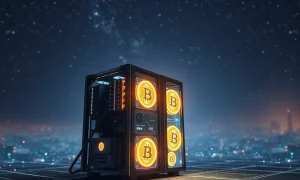 A powerful solo Bitcoin miner rig successfully processing a block, symbolizing the rare and lucrative achievement of a solo Bitcoin miner hitting a jackpot.