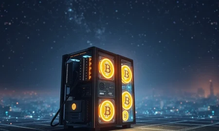 A powerful solo Bitcoin miner rig successfully processing a block, symbolizing the rare and lucrative achievement of a solo Bitcoin miner hitting a jackpot.