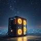 A powerful solo Bitcoin miner rig successfully processing a block, symbolizing the rare and lucrative achievement of a solo Bitcoin miner hitting a jackpot.