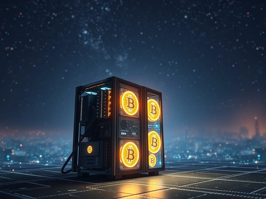 A powerful solo Bitcoin miner rig successfully processing a block, symbolizing the rare and lucrative achievement of a solo Bitcoin miner hitting a jackpot.