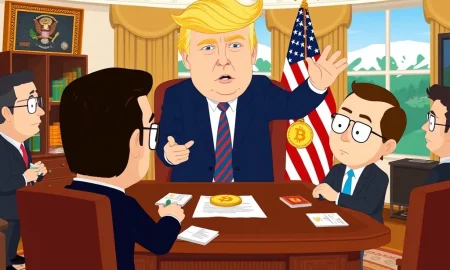 South Park animation satirizing Trump crypto ties with Bitcoin gifts from tech executives