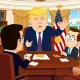 South Park animation satirizing Trump crypto ties with Bitcoin gifts from tech executives