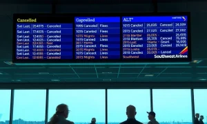 Frustrated passengers at a St. Louis airport terminal due to widespread Southwest Airlines cancellations.